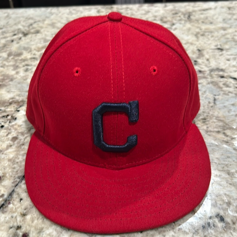 Cleveland Indians new era fitted hat, red with blue Cleveland Indian C logo.